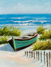 Oil Painting Of A Beach Scene With A Row Boat In The Sand.