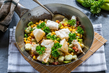 Canvas Print - Cod, sweetcorn and broad beans succotash