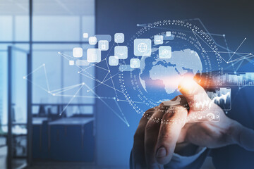 Poster - Businessman wearing formal suit is touching digital interface with globe