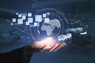 Poster - Businessman wearing formal suit is holding digital interface with globe