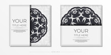 Luxurious Preparing Postcards In White With Abstract Patterns. Vector Template For Print Design Of Invitation Card With Mandala Ornament.