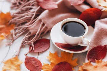 Fotomurales - Autumn cozy home composition with a cup of coffee and bright colorful leaves