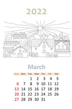 Coloring Book Calendar 2022. Cute Houses With Sun In The Sky. Ma