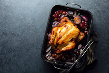 Fried Chicken Or Turkey In A Dark Baking Tray, Top-down View