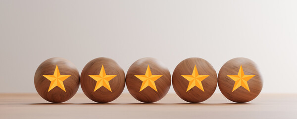 Poster - Golden five stars print screen on wooden balls on table for  excellent rating of customer evaluation by 3d render.