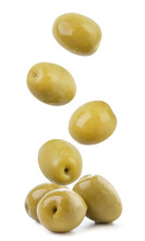 Canned Olives Fly And Fall On A Heap On A White Background, Levitating Olives. Isolated