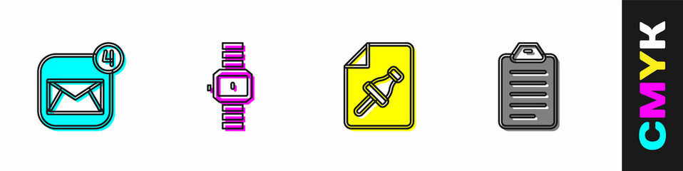 Poster - Set Envelope, Wrist watch, Note paper with push button and To do list or planning icon. Vector