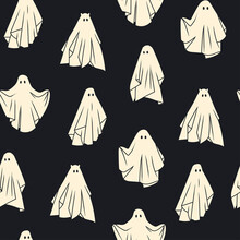Cloth Ghosts. Flying Phantoms. Halloween Scary Ghostly Monsters. Cute Cartoon Spooky Characters. Holiday Silhouettes. Hand Drawn Trendy Vector Seamless Pattern. Square Background, Wallpaper