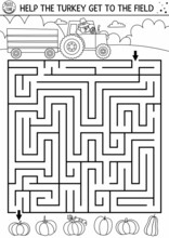 Thanksgiving Day Black And White Maze For Children. Autumn Holiday Line Printable Activity. Fall Outline Labyrinth Game Or Puzzle With Cute Bird Driving A Tractor. Help Turkey Get To The Field.