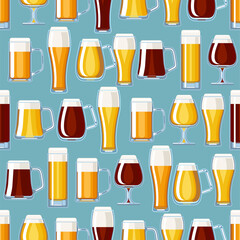 Wall Mural - Oktoberfest background. Beer mugs seamless pattern, vector illustration.  Texture for fabric, wrapping, wallpaper. Decorative print.