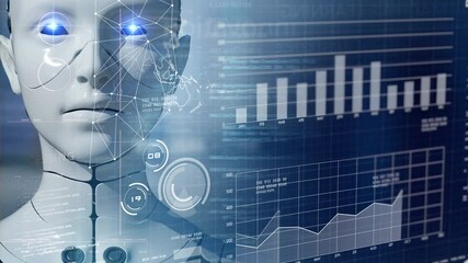Poster - future robot trading, digital crypto currency and stock exchange market graph chart and modern finan