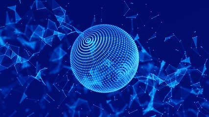Poster - Abstract 3d sphere. Mesh with points and lines on dark background. Concept of network, internet communication. 3D