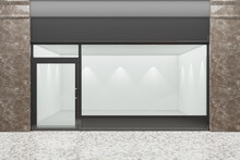 Front View Of An Empty Storefront Of Shop. Design With Black Aluminuin And Glass Marble. 3D Illustration Rendering.