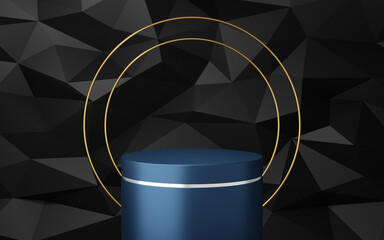 empty blue cylinder podium with silver border and 2 gold circle on black triangle texture background