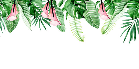 watercolor seamless border, frame with green tropical leaves and pink flowers. kala flowers, palm leaves, monstera, banana leaves isolated on white background. pattern, print, web banner