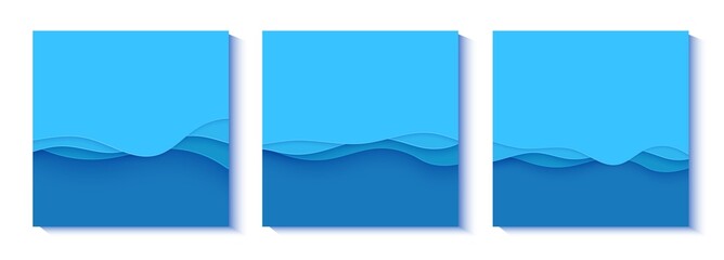 Wall Mural - Set of flyers with blue waves in paper cut style. Collection of three papercut art empty banners for environment or World Water day. Vector advertising poster template for Save the Oceans day 8 june.