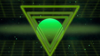 Wall Mural - 80s concept background with green geometric neon shapes in space