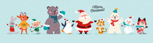 Christmas Banner With Cute Happy Winter Characters. Santa Claus, Elf, Snowman, Penguin, Fox, Tiger, Deer, Polar Bear Isolated. Vector Flat Cartoon Illustration. For Cards, Packaging, Web, Invitation.