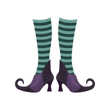 Witch Boots Of Lilac Color With Pointed Noses In Striped Socks. The Witch S Shoes, A Symbol Of Halloween. Vector Illustration Isolated On A White Background