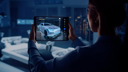 Poster - Automotive Engineer Working on Electric Car Chassis Platform, Using Tablet Computer with Augmented Reality 3D Software. Innovative Facility: Vehicle Frame with Wheels Becomes a VFX Virtual Model.