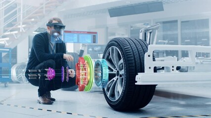 Fototapete - Automotive Engineer Working on Electric Car Chassis Platform, Using Augmented Reality Headset with 3D VFX Software for Development of Regenerative Braking System on a Concept Transport Vehicle.
