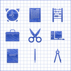 Sticker - Set Scissors, Pencil with eraser, Drawing compass, Computer monitor keyboard and mouse, Notebook, Briefcase, Abacus and Alarm clock icon. Vector