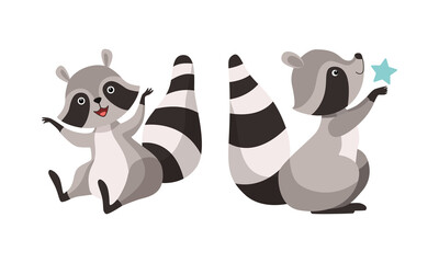 Sticker - Funny Raccoon Animal Character with Striped Tail Sitting with Star Vector Set