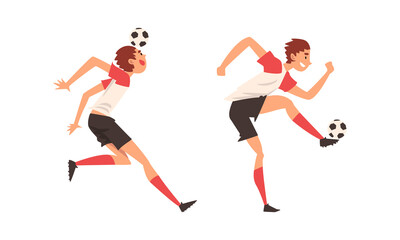 Poster - Young Man in Boots and Knee-highs Playing Football or Soccer Moving the Ball Around Pitch Scoring Goals Vector Set