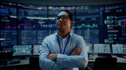 Aufkleber - First Person POV Footage of Professional IT Technical Support Specialist or Software Engineer Pushing Augmented Reality Display in a Modern Monitoring Control Room Full of Computers. VFX Animation.