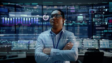 Aufkleber - First Person POV Footage of Professional IT Technical Support Specialist or Software Engineer Pushing Augmented Reality Display in a Modern Monitoring Control Room Full of Computers. VFX Animation.
