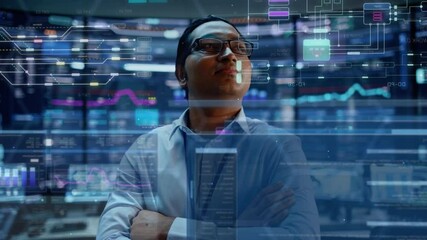 Aufkleber - First Person POV Footage of Professional IT Technical Support Specialist or Software Engineer Pushing Augmented Reality Display in a Modern Monitoring Control Room Full of Computers. VFX Animation.