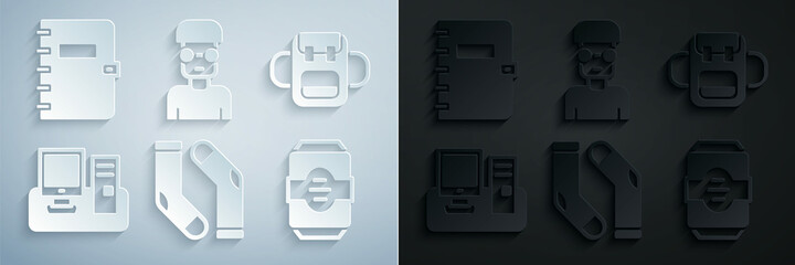 Aufkleber - Set Socks, School backpack, Monitor with keyboard, Energy drink, Nerd geek and Spiral notebook icon. Vector