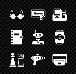 Poster - Set Eyeglasses, Certificate template, Monitor with keyboard, Chess, Ray gun, Waist bag of banana, Spiral notebook and Robot icon. Vector