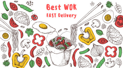  Wok box sketch, ingredients for wok. Hand drawn vector illustration. Noodles in a carton box. Asian food.