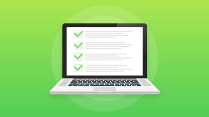 Poster - MobileChecklist browser window. Check mark. White tick on laptop screen. Choice, survey concepts. Motion graphics.