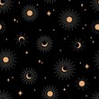 © Anastasia - Seamless pattern with sun and moon on black background.  Bohemian contemporary  composition. Boho wall decor. Mid century art print. Trendy texture for print, textile, packaging.