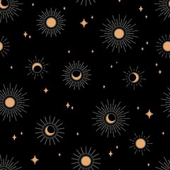seamless pattern with sun and moon on black background. bohemian contemporary composition. boho wall