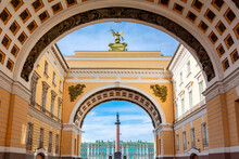 Arch Of General Staff On Palace Square With Hermitage Museum And Alexander Column At Background, Saint Petersburg, Russia