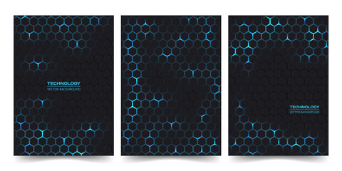 Wall Mural - Abstract technology cover set with hexagon background. Hexagonal high tech brochure design concept collection. Digital futuristic poster templates. Social media post. Vector illustration