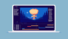 Visual Effects And Motion Design Software On Computer Screen - Film Production And Editing On Laptop With Explosion. Vector Illustration.