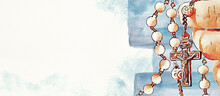 Rosary. Christian Banner. Watercolor.