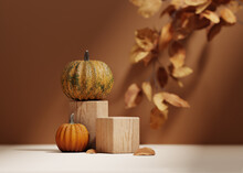 3D Halloween Background Podium Display On Beige, Wood And Pumpkin. Brown Cosmetic, Beauty Product Promotion Autumn Pedestal With Shadow.  Natural Showcase. Abstract Minimal Studio 3D Render