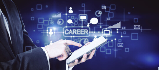 Aufkleber - Businessman hand using tablet with creative business sketch with charts and graphs on blue background. Career, success, training, technology, communication, finance and solution concept.