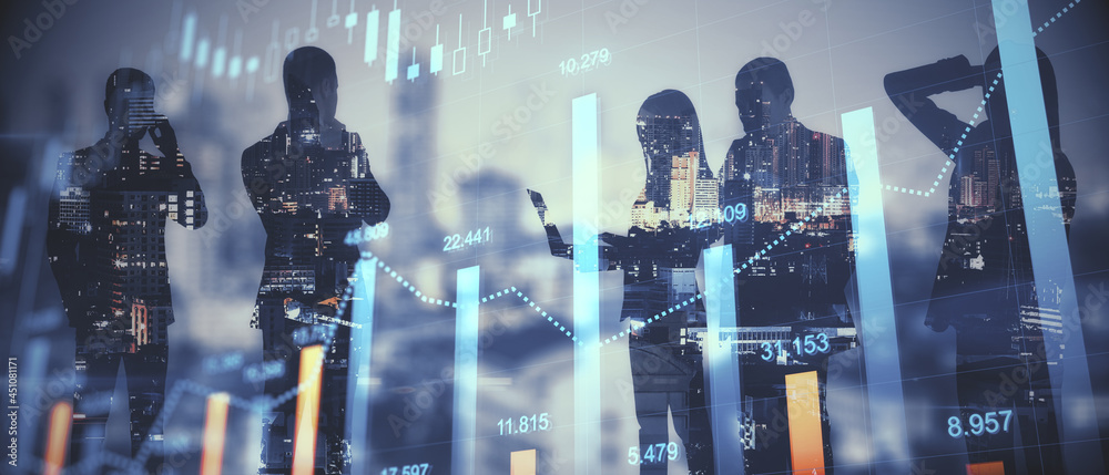 Teamwork and fintech concept. Group of young businesspeople working together on bright city background with glowing forex graph. Double exposure. - obrazy, fototapety, plakaty 