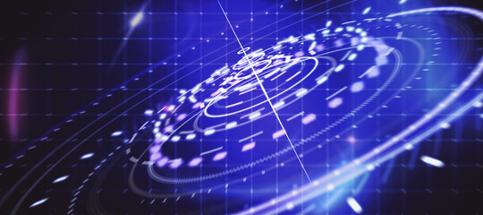 Poster - Creative round digital blue interface on dark grid background. HUD, innovation, digital transformation and data concept. 3D Rendernig.