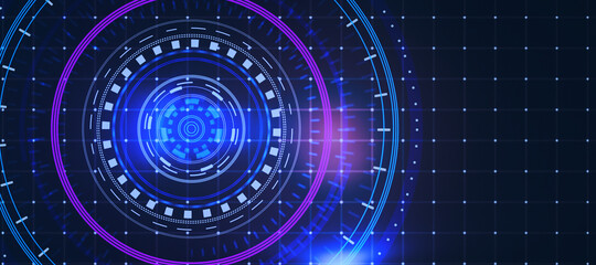 Poster - Glowing round digital blue interface on dark grid background with mock up place. HUD, innovation, digital transformation and data concept. 3D Rendernig.
