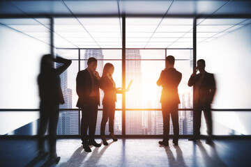Aufkleber - Teamwork and seminar concept. Group of young businesspeople working together in modern office interior with bright city view.