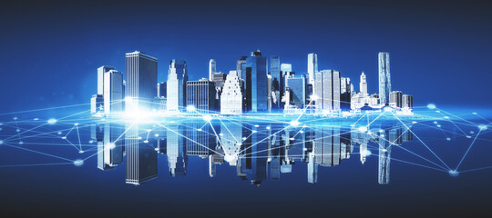Poster - Abstract city skyline with reflections and polygonal network. Communication and urban digital transformation. 3D Rendering.