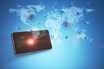 Wall Mural - Abstract smart phone with glowing map on blue background. Network, social media, gps, communication and digital transformation concept. 3D Rendering.