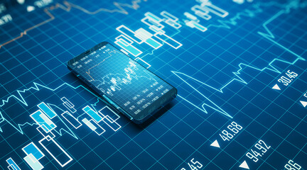 Poster - Close up of cellular phone with creative forex chart on blue background. Trade, finance, technology and communication concept. 3D Rendering.